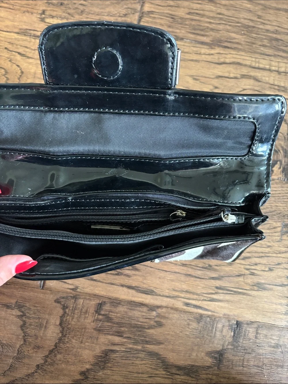 Leather Zebra-Print Clutch Wallet with Black Patent Leather Accent